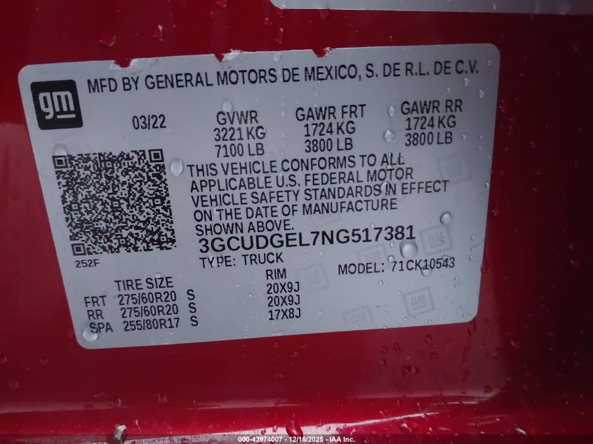 2022 Chevrolet Silverado 1500 4Wd Short Bed Ltz VIN: 3GCUDGEL7NG517381 Lot: 43974007