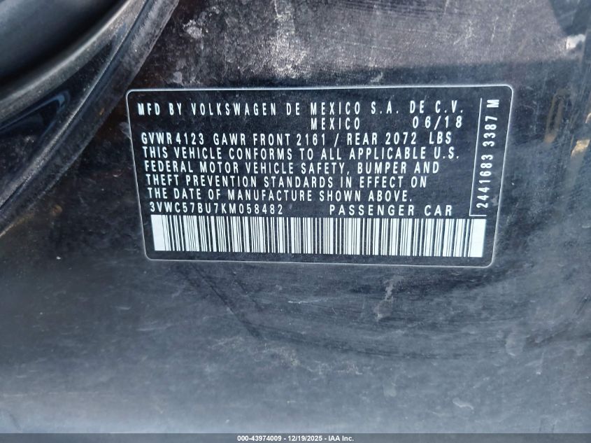 2019 Volkswagen Jetta 1.4T R-Line/1.4T S/1.4T Se VIN: 3VWC57BU7KM058482 Lot: 43974009