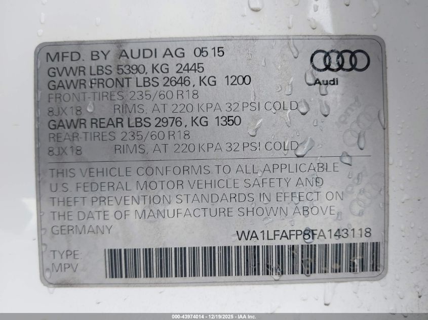 2015 Audi Q5 2.0T Premium VIN: WA1LFAFP8FA143118 Lot: 43974014