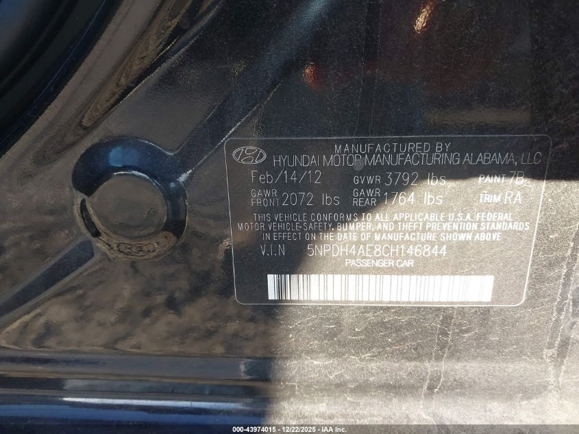 2012 Hyundai Elantra Gls VIN: 5NPDH4AE8CH146844 Lot: 43974015