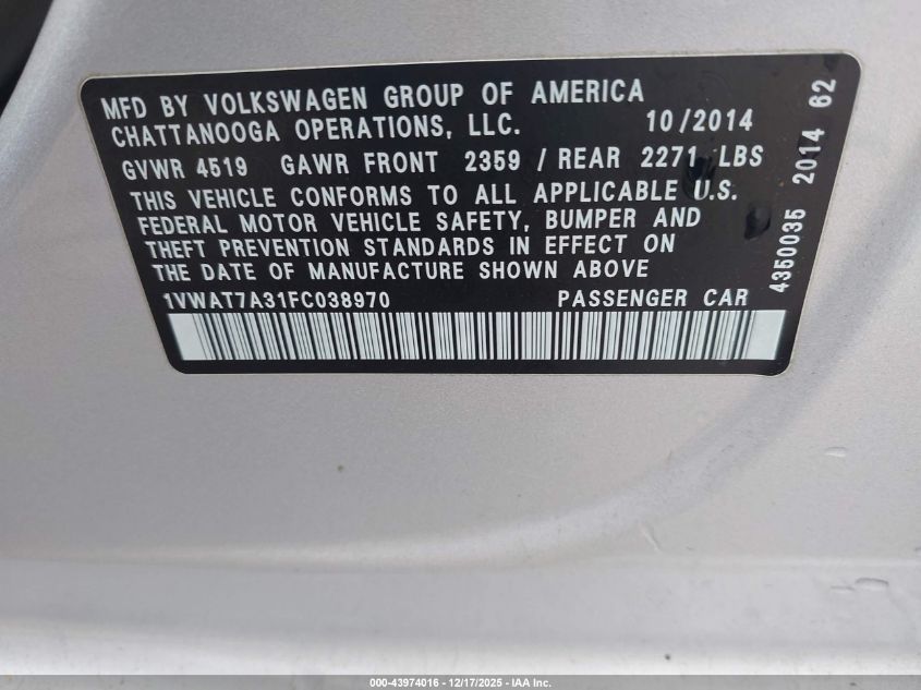 2015 Volkswagen Passat 1.8T Wolfsburg Edition VIN: 1VWAT7A31FC038970 Lot: 43974016