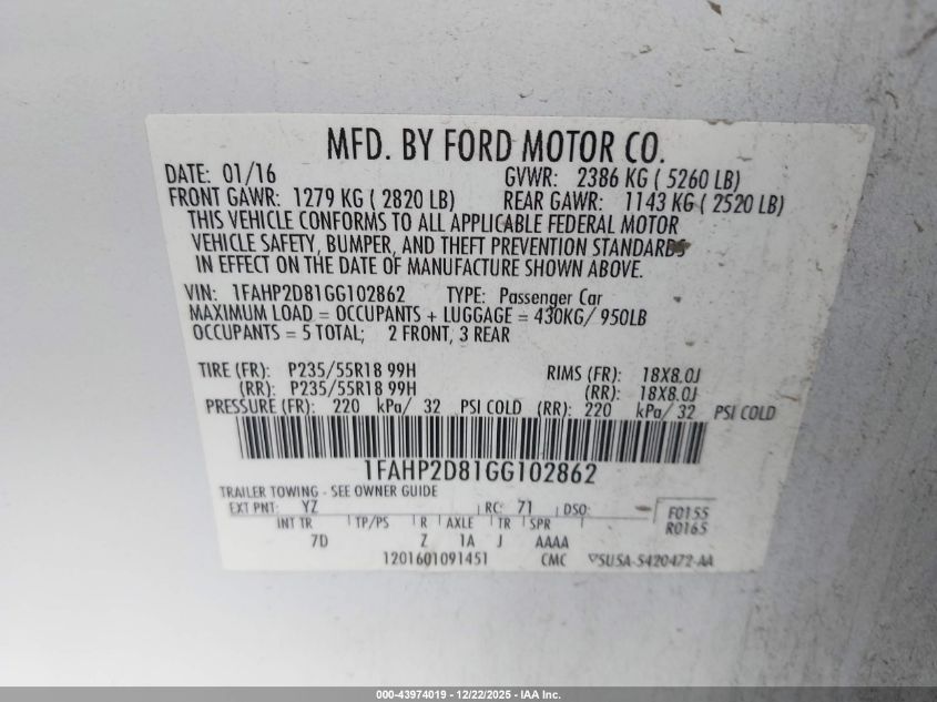 2016 Ford Taurus Se VIN: 1FAHP2D81GG102862 Lot: 43974019