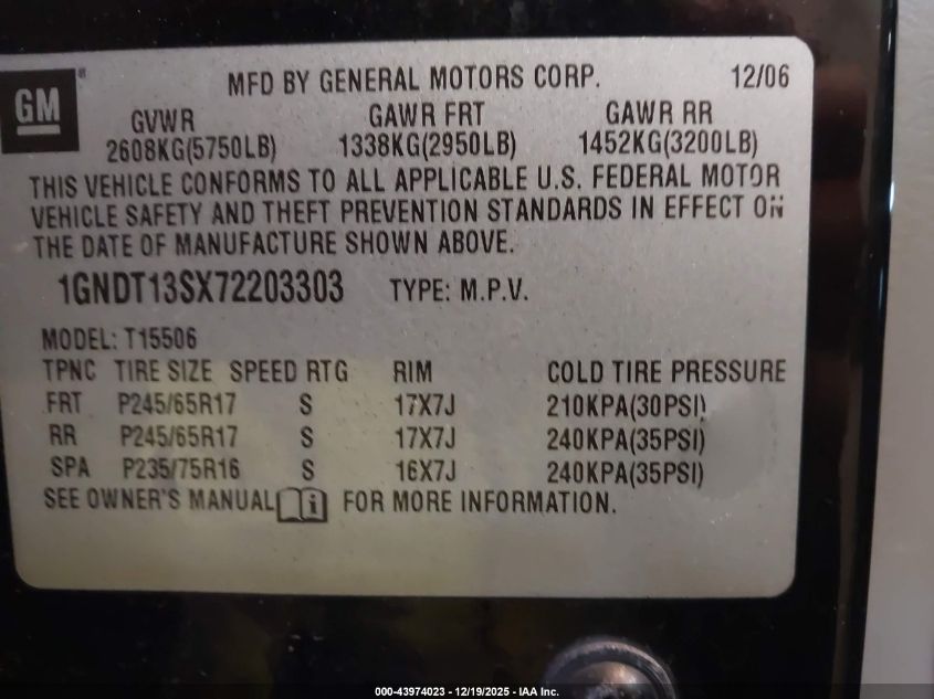 2007 Chevrolet Trailblazer Lt VIN: 1GNDT13SX72203303 Lot: 43974023