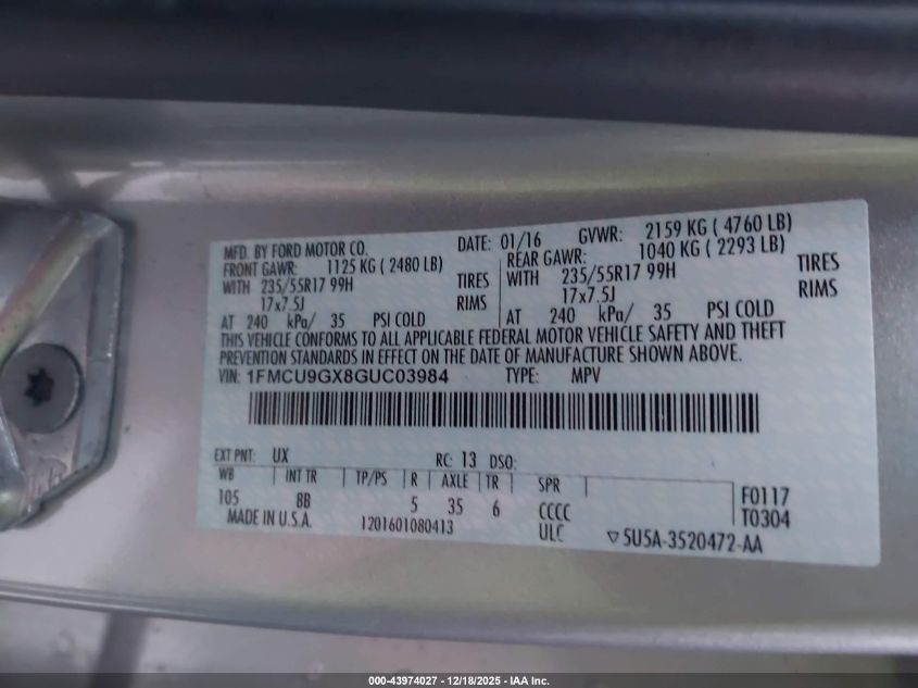 2016 Ford Escape Se VIN: 1FMCU9GX8GUC03984 Lot: 43974027