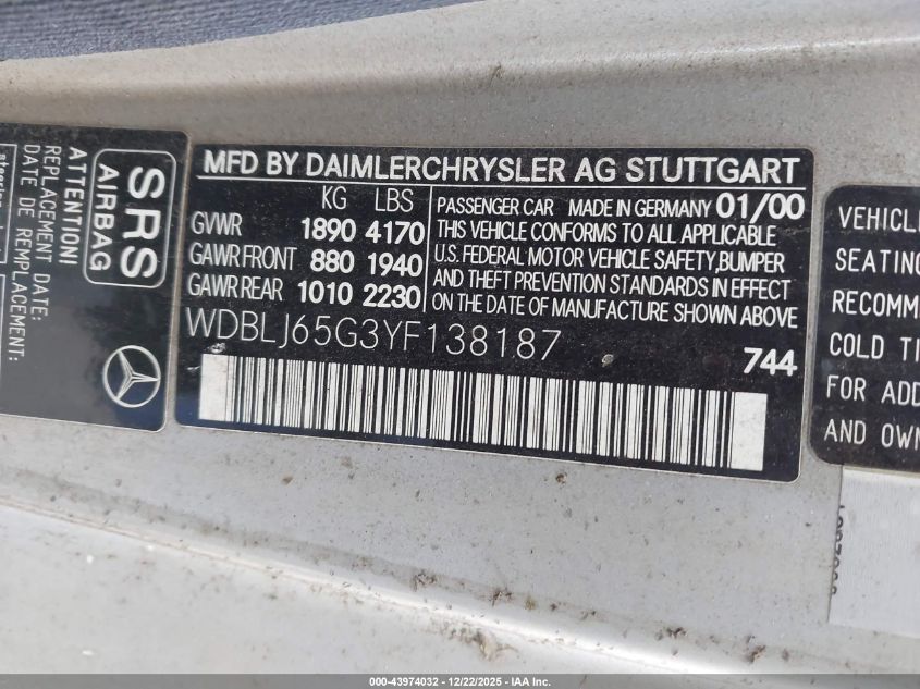 2000 Mercedes-Benz Clk 320 VIN: WDBLJ65G3YF138187 Lot: 43974032