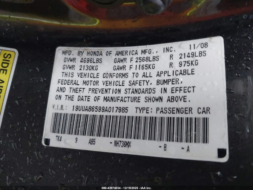 2009 Acura Tl 3.5 VIN: 19UUA86599A017985 Lot: 43974034