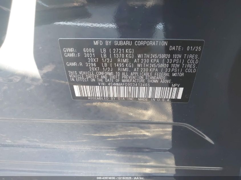 2025 Subaru Ascent Onyx Edition 7-Passenger VIN: 4S4WMAFD9S3413465 Lot: 43974036