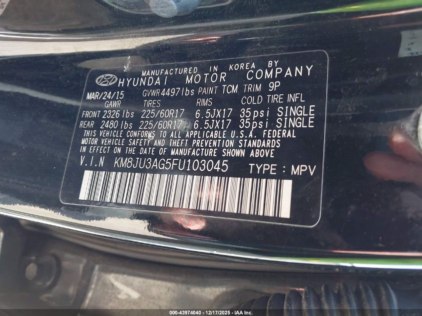 2015 Hyundai Tucson Se VIN: KM8JU3AG5FU103045 Lot: 43974040