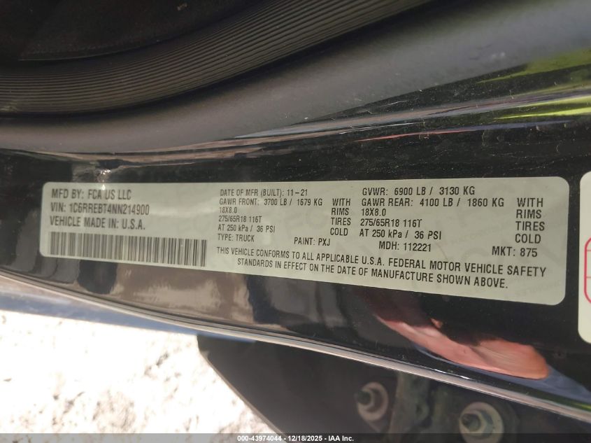 2022 Ram 1500 Big Horn 4X2 6'4 Box VIN: 1C6RREBT4NN214900 Lot: 43974044