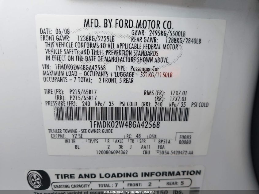 2008 Ford Taurus X Sel VIN: 1FMDK02W48GA42568 Lot: 43974045