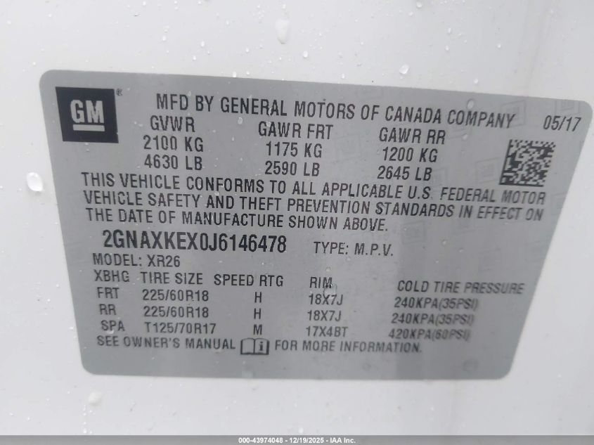 2018 Chevrolet Equinox Lt VIN: 2GNAXKEX0J6146478 Lot: 43974048