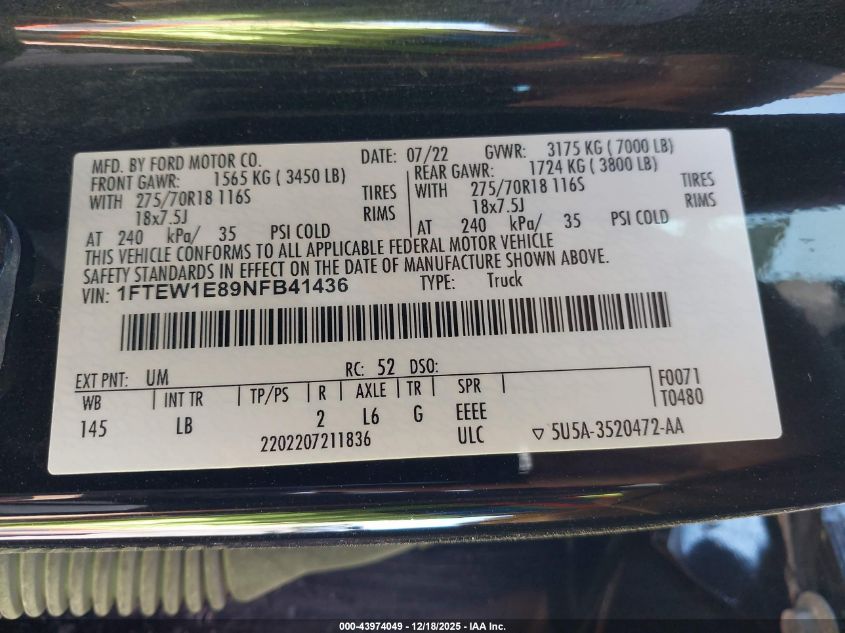 2022 Ford F-150 Tremor VIN: 1FTEW1E89NFB41436 Lot: 43974049