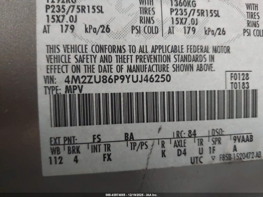 2000 Mercury Mountaineer VIN: 4M2ZU86P9YUJ46250 Lot: 43974055