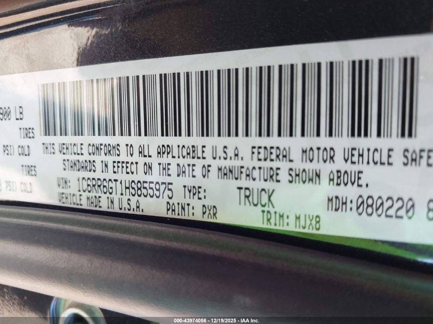 2017 Ram 1500 Big Horn 4X2 6'4 Box VIN: 1C6RR6GT1HS855975 Lot: 43974056