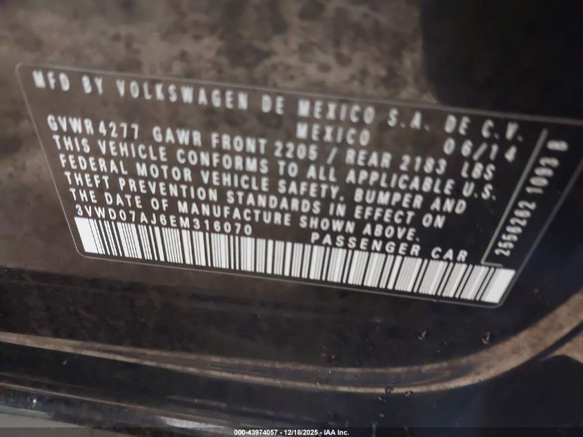 2014 Volkswagen Jetta 1.8T Se VIN: 3VWD07AJ6EM316070 Lot: 43974057