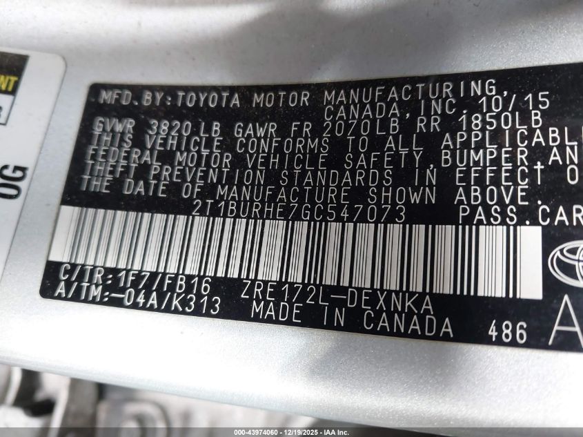 2016 Toyota Corolla Le VIN: 2T1BURHE7GC547073 Lot: 43974060