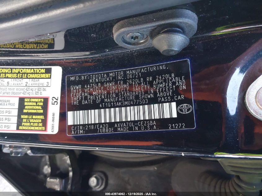 2021 Toyota Camry Se VIN: 4T1G11AK3MU477503 Lot: 43974062