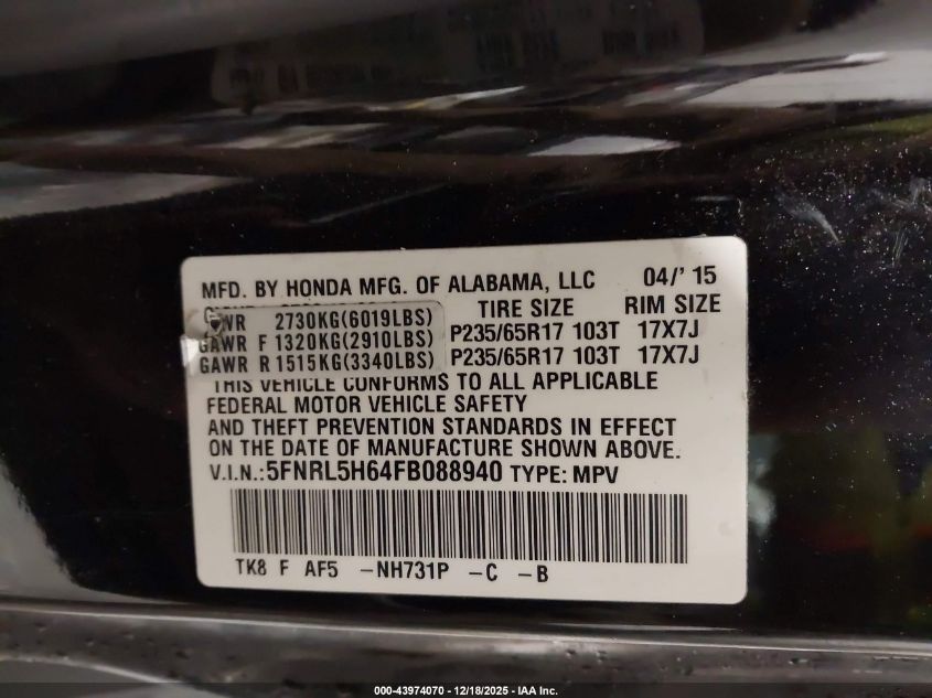 2015 Honda Odyssey Ex-L VIN: 5FNRL5H64FB088940 Lot: 43974070
