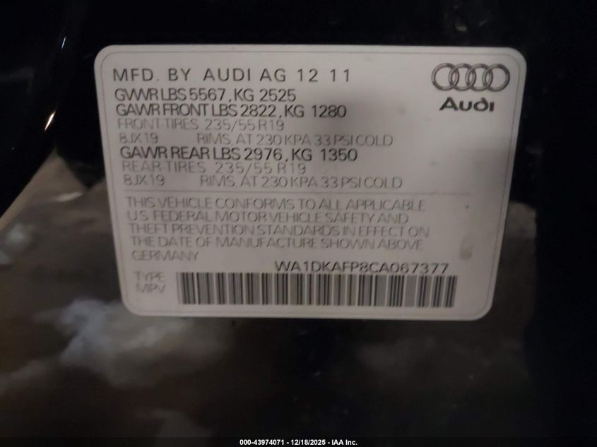 2012 Audi Q5 3.2 Premium Plus VIN: WA1DKAFP8CA067377 Lot: 43974071