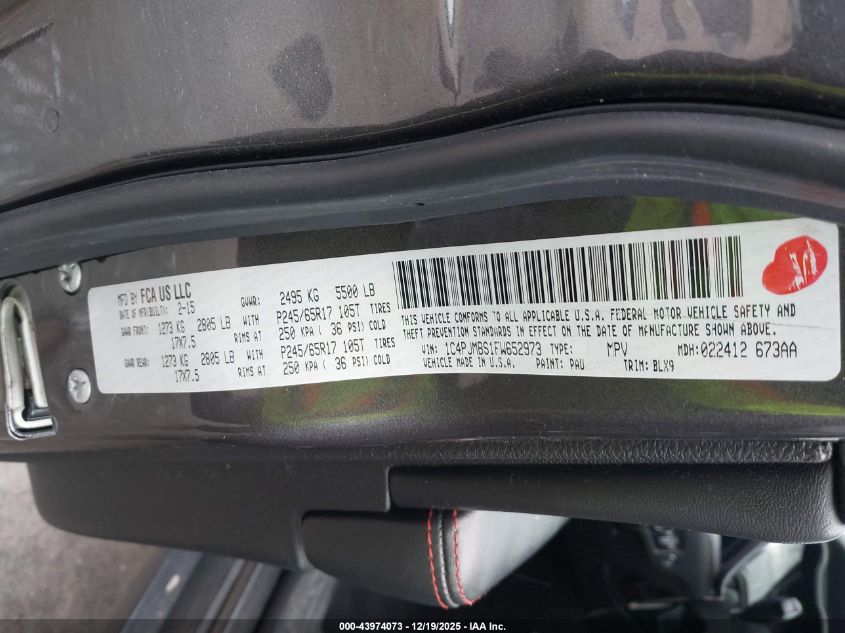 2015 Jeep Cherokee Trailhawk VIN: 1C4PJMBS1FW652973 Lot: 43974073