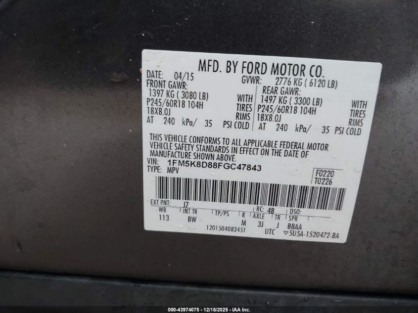 2015 Ford Explorer Xlt VIN: 1FM5K8D88FGC47843 Lot: 43974075