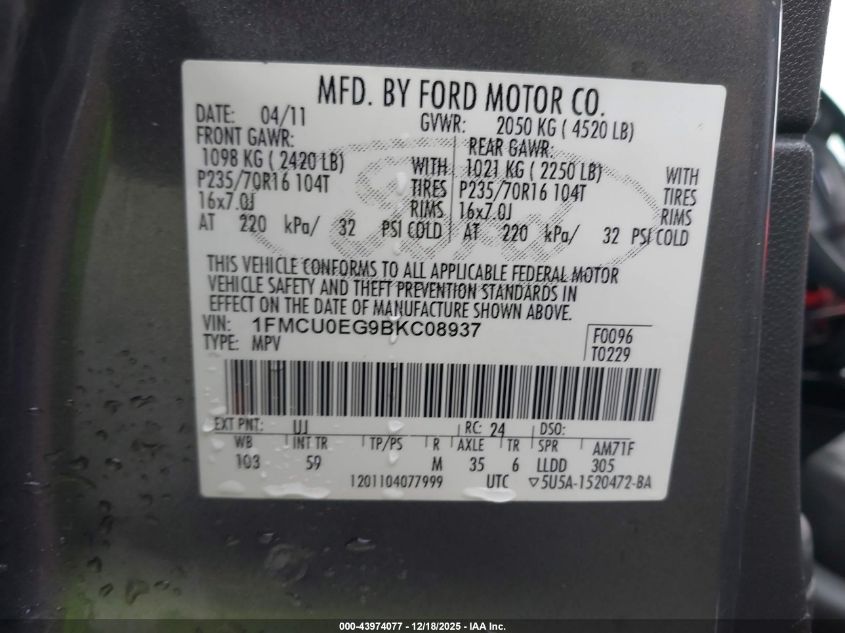 2011 Ford Escape Limited VIN: 1FMCU0EG9BKC08937 Lot: 43974077