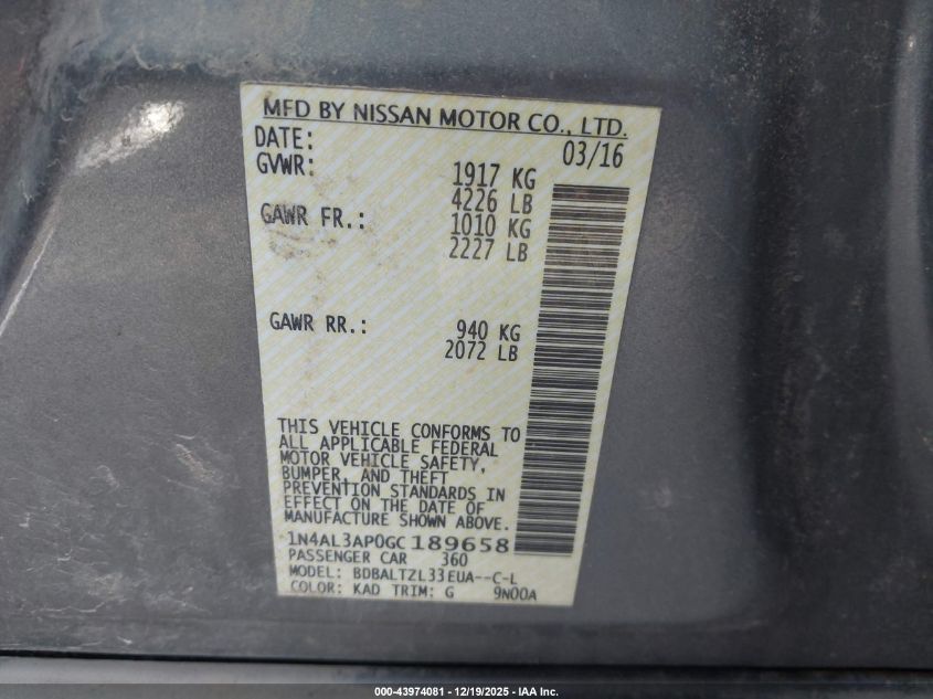 2016 Nissan Altima 2.5 Sl VIN: 1N4AL3AP0GC189658 Lot: 43974081