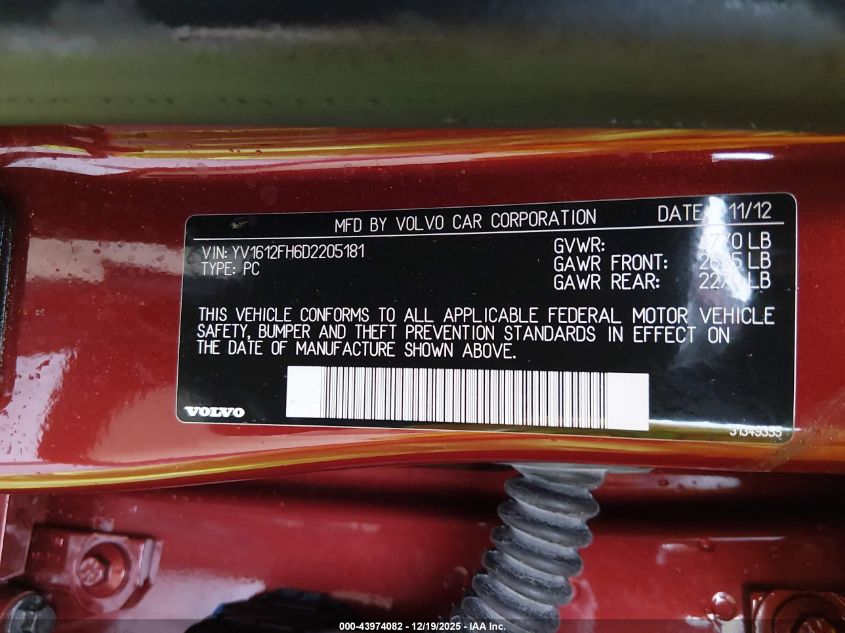 2013 Volvo S60 T5 VIN: YV1612FH6D2205181 Lot: 43974082