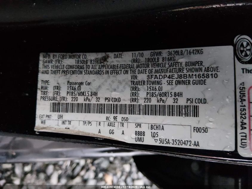 2011 Ford Fiesta Se VIN: 3FADP4EJ8BM165810 Lot: 43974086