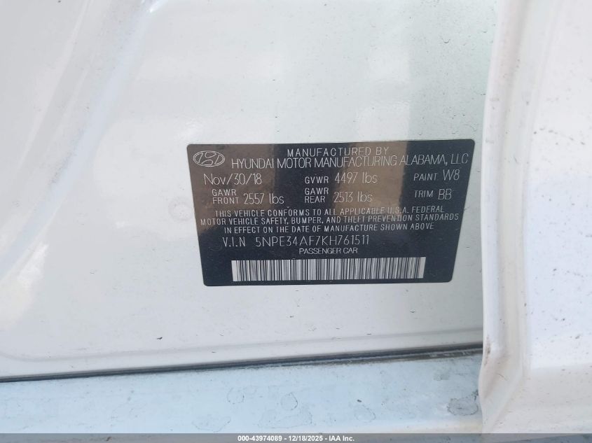 2019 Hyundai Sonata Limited VIN: 5NPE34AF7KH761511 Lot: 43974089