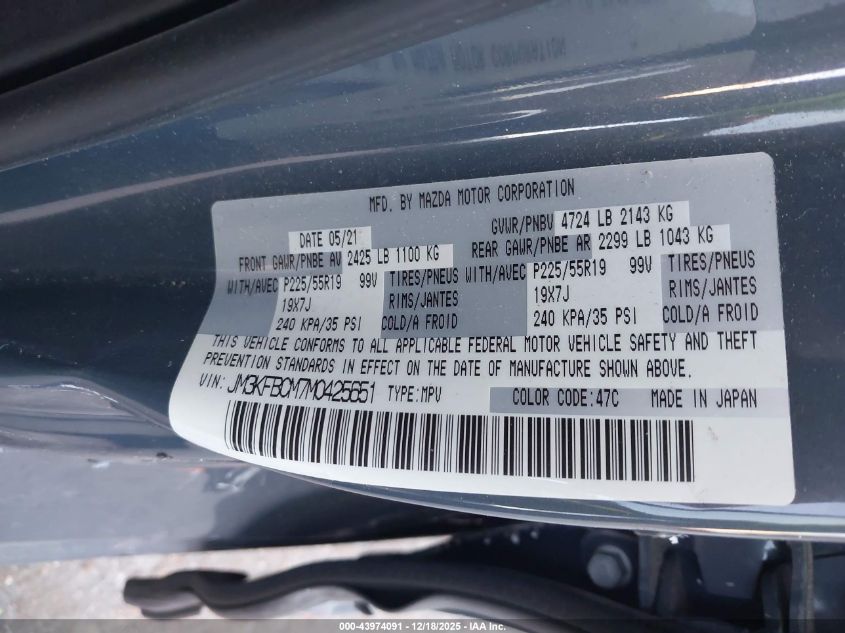 2021 Mazda Cx-5 Carbon Edition VIN: JM3KFBCM7M0425651 Lot: 43974091