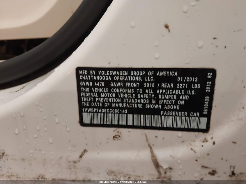 2012 Volkswagen Passat 2.5L Se VIN: 1VWBP7A39CC050143 Lot: 43974095