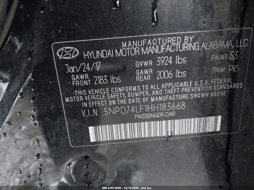 2017 Hyundai Elantra Se VIN: 5NPD74LF1HH183668 Lot: 43974099