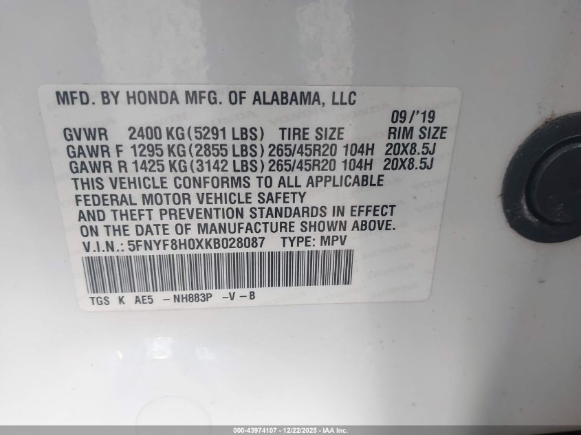 2019 Honda Passport Elite VIN: 5FNYF8H0XKB028087 Lot: 43974107