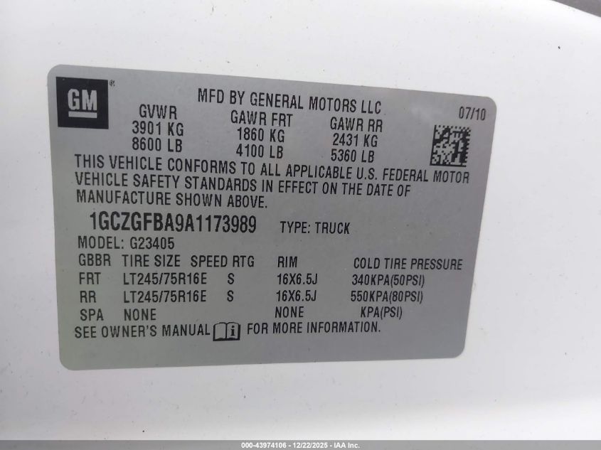 2010 Chevrolet Express 2500 Work Van VIN: 1GCZGFBA9A1173989 Lot: 43974106