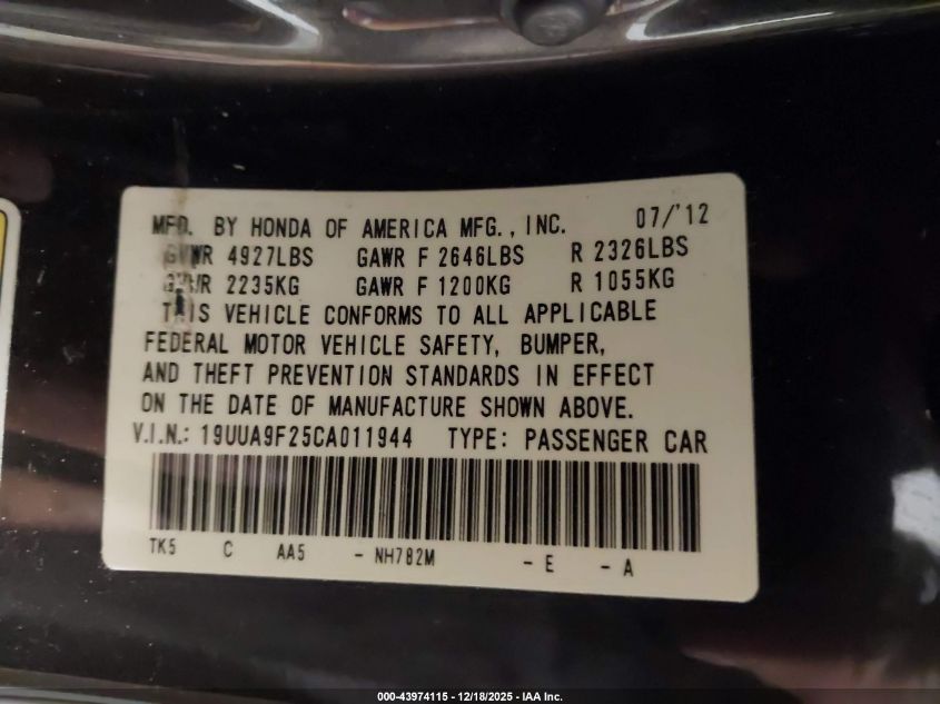 2012 Acura Tl 3.7 VIN: 19UUA9F25CA011944 Lot: 43974115