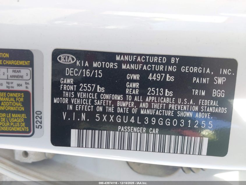 2016 Kia Optima Ex VIN: 5XXGU4L39GG031255 Lot: 43974116