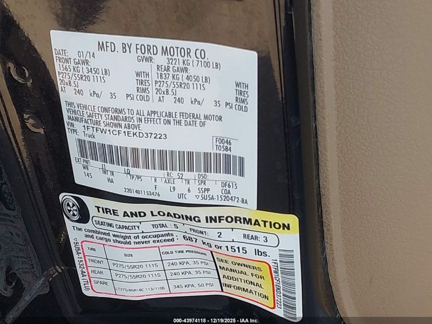 2014 Ford F-150 Lariat VIN: 1FTFW1CF1EKD37223 Lot: 43974118