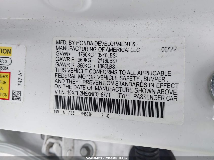 2022 Honda Civic Sport VIN: 19XFL2H8XNE018771 Lot: 43974121