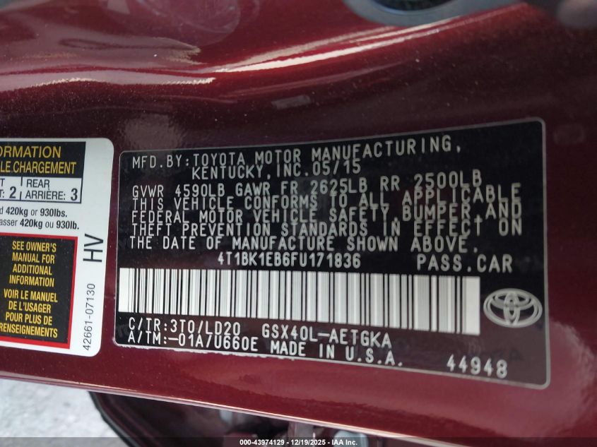 2015 Toyota Avalon Xle VIN: 4T1BK1EB6FU171836 Lot: 43974129