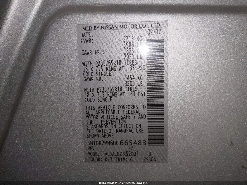 2017 Nissan Pathfinder Sv VIN: 5N1DR2MN6HC665483 Lot: 43974131