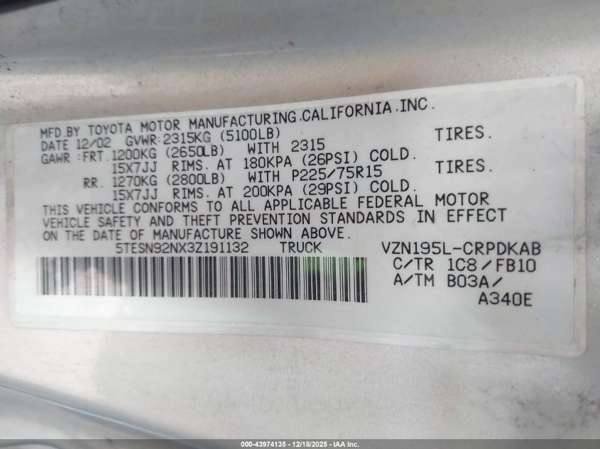 2003 Toyota Tacoma Prerunner V6 VIN: 5TESN92NX3Z191132 Lot: 43974135