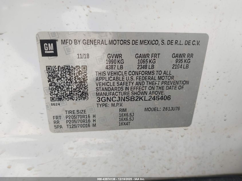 2019 Chevrolet Trax Ls VIN: 3GNCJNSB2KL246406 Lot: 43974136