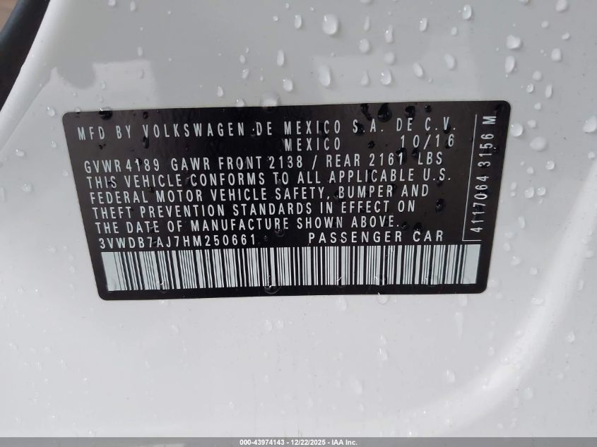 2017 Volkswagen Jetta 1.4T Se VIN: 3VWDB7AJ7HM250661 Lot: 43974143