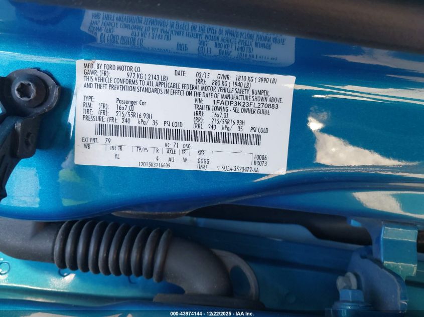 2015 Ford Focus Se VIN: 1FADP3K23FL270883 Lot: 43974144