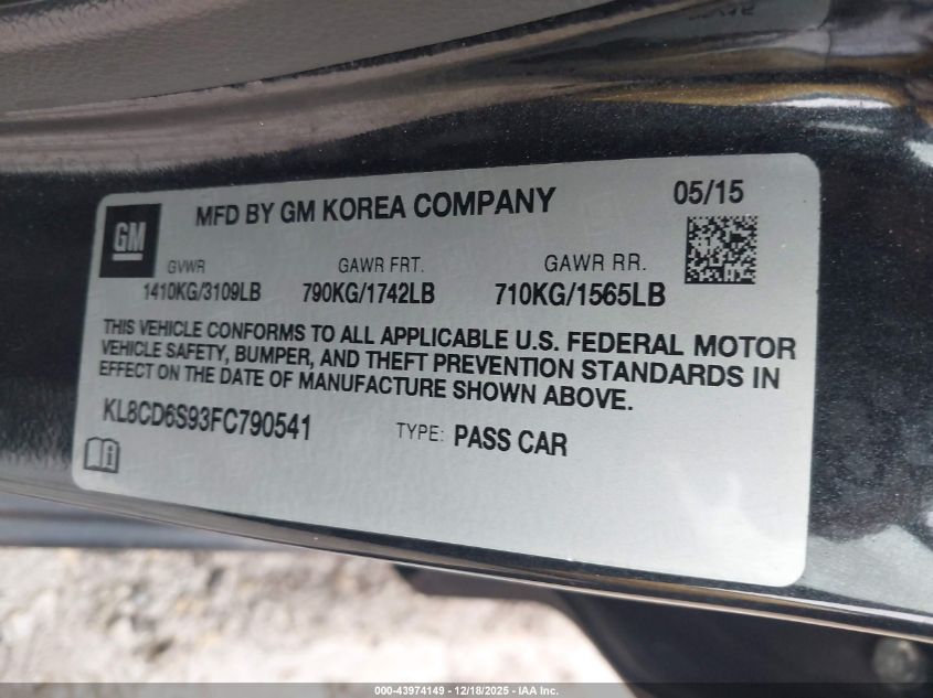 2015 Chevrolet Spark 1Lt Cvt VIN: KL8CD6S93FC790541 Lot: 43974149