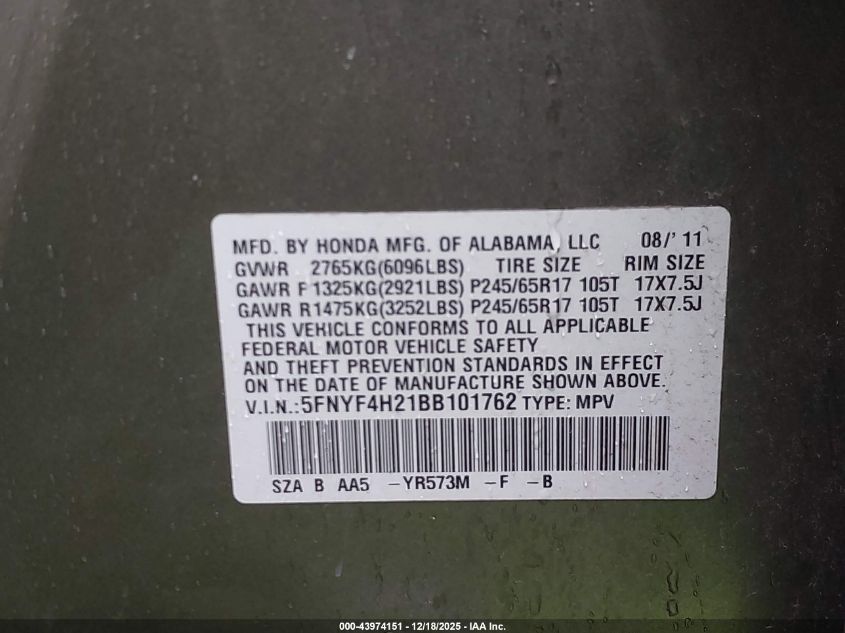 2011 Honda Pilot Lx VIN: 5FNYF4H21BB101762 Lot: 43974151