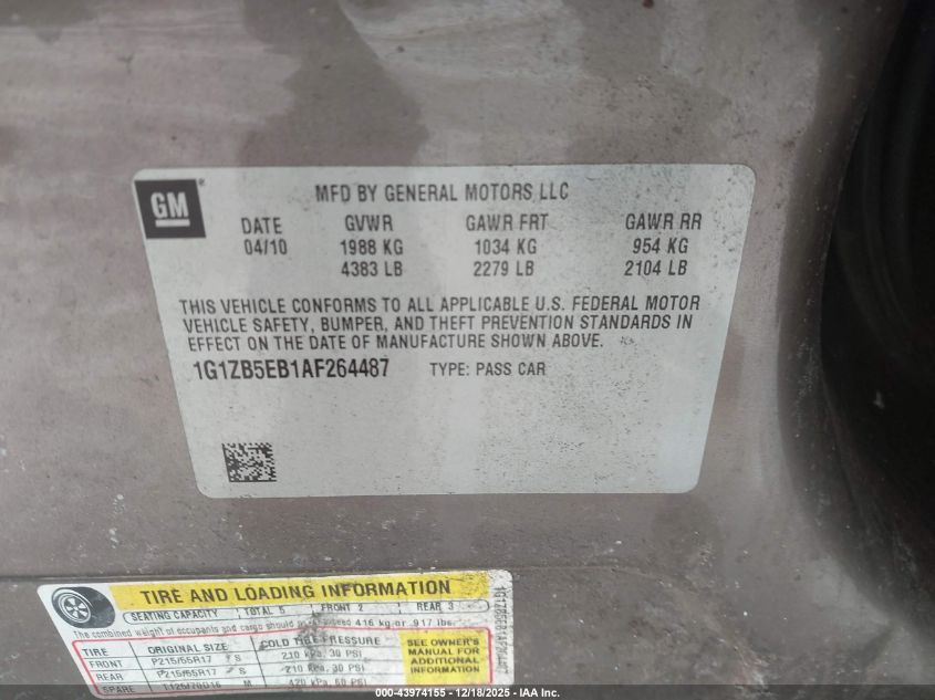 2010 Chevrolet Malibu Ls VIN: 1G1ZB5EB1AF264487 Lot: 43974155