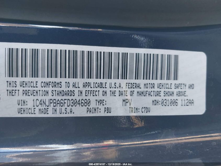 2015 Jeep Patriot Sport VIN: 1C4NJPBA6FD304680 Lot: 43974157