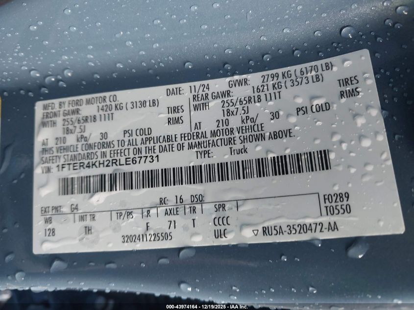 2024 Ford Ranger Lariat VIN: 1FTER4KH2RLE67731 Lot: 43974164